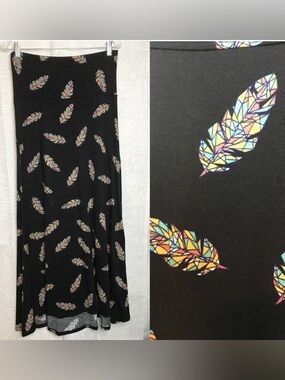 Black Maxi Skirt with Colorful Mosaic Feather Print